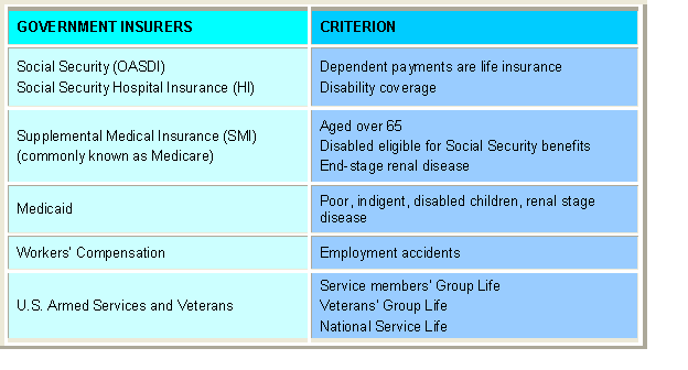 Displays list of government insurers and their respective criterion